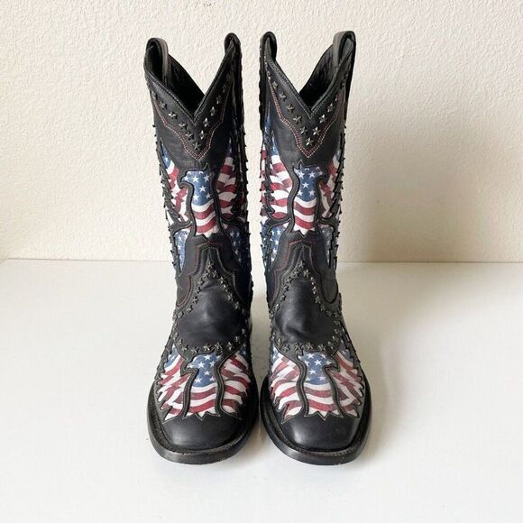 Lane OLD GLORY Mens Cowboy Boots 9 Square Toe Black Leather Biker Boots Western - Picture 7 of 14